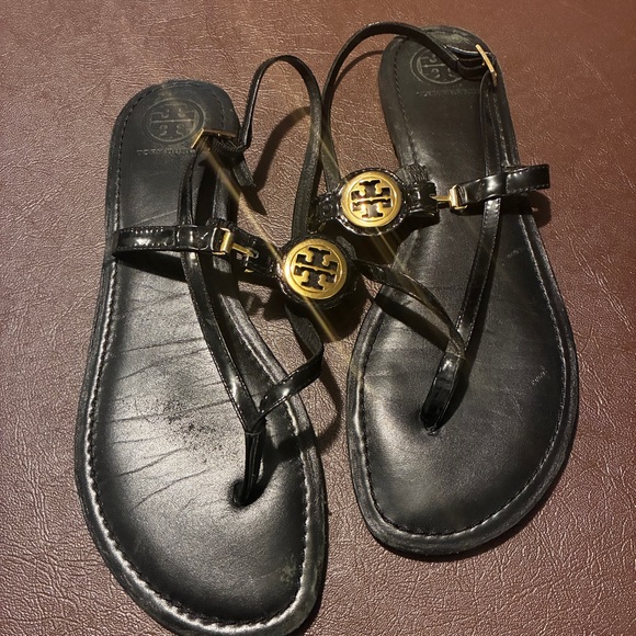 Tory Burch Sandals Dillan Black Leather Thongs Flip Flop Size 11 Shoes - Picture 1 of 14